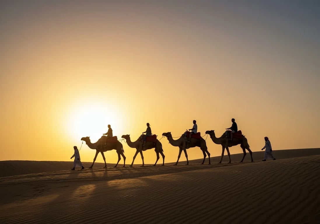 Dubai çölünde gün batımı sırasında kum tepesinin üzerinden geçen bir deve kervanı.